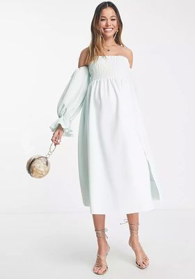 Maternity Shirred Bardot Blouson Sleeve Prom Midi Dress