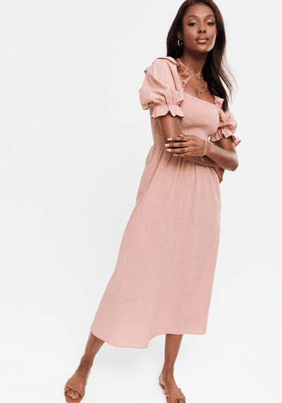 Mid Pink Textured Shirred Frill Puff Sleeve Midi Dress