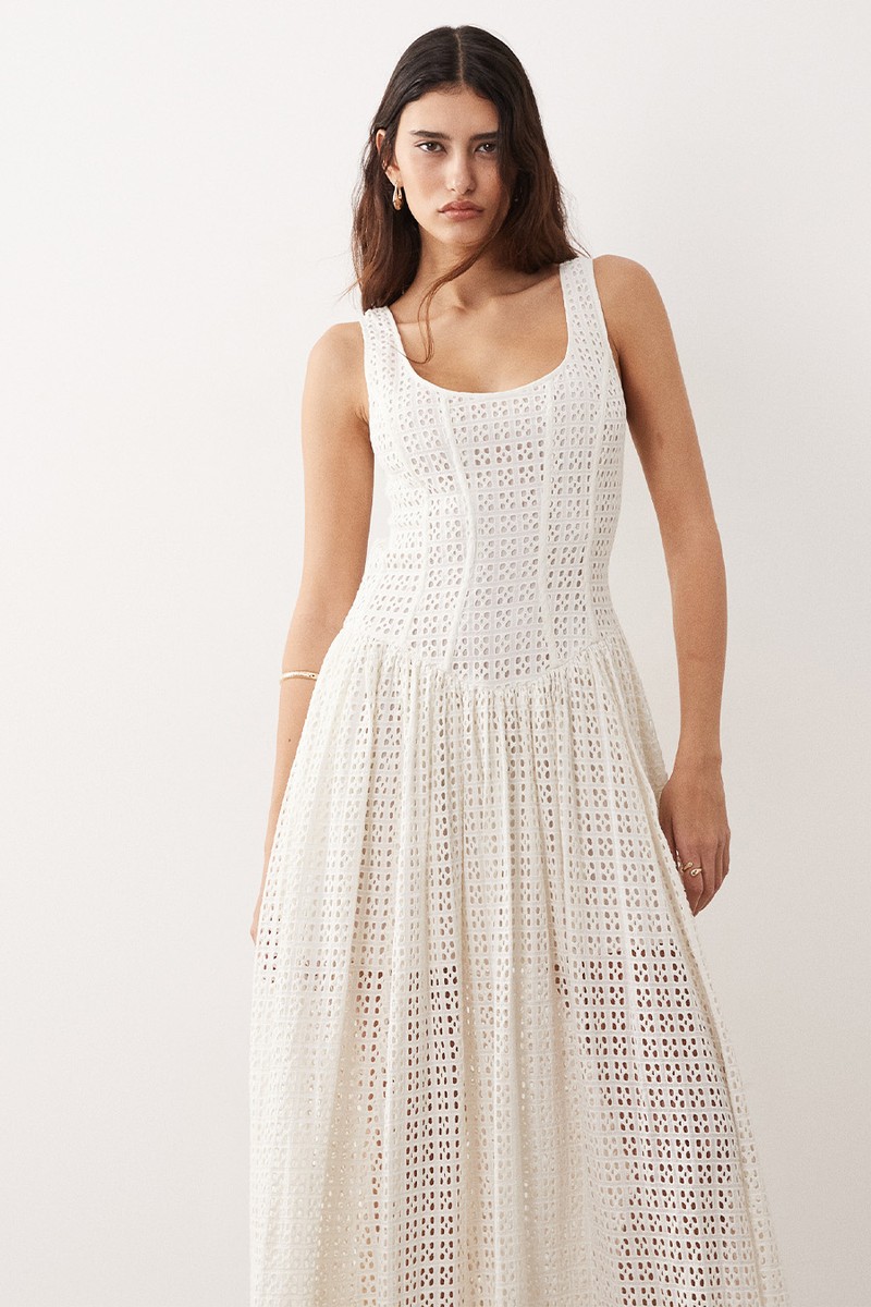 Drop Waist Broderie Midi Dress 
