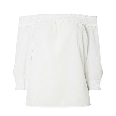 Ivory Shirred Frill Bardot Top