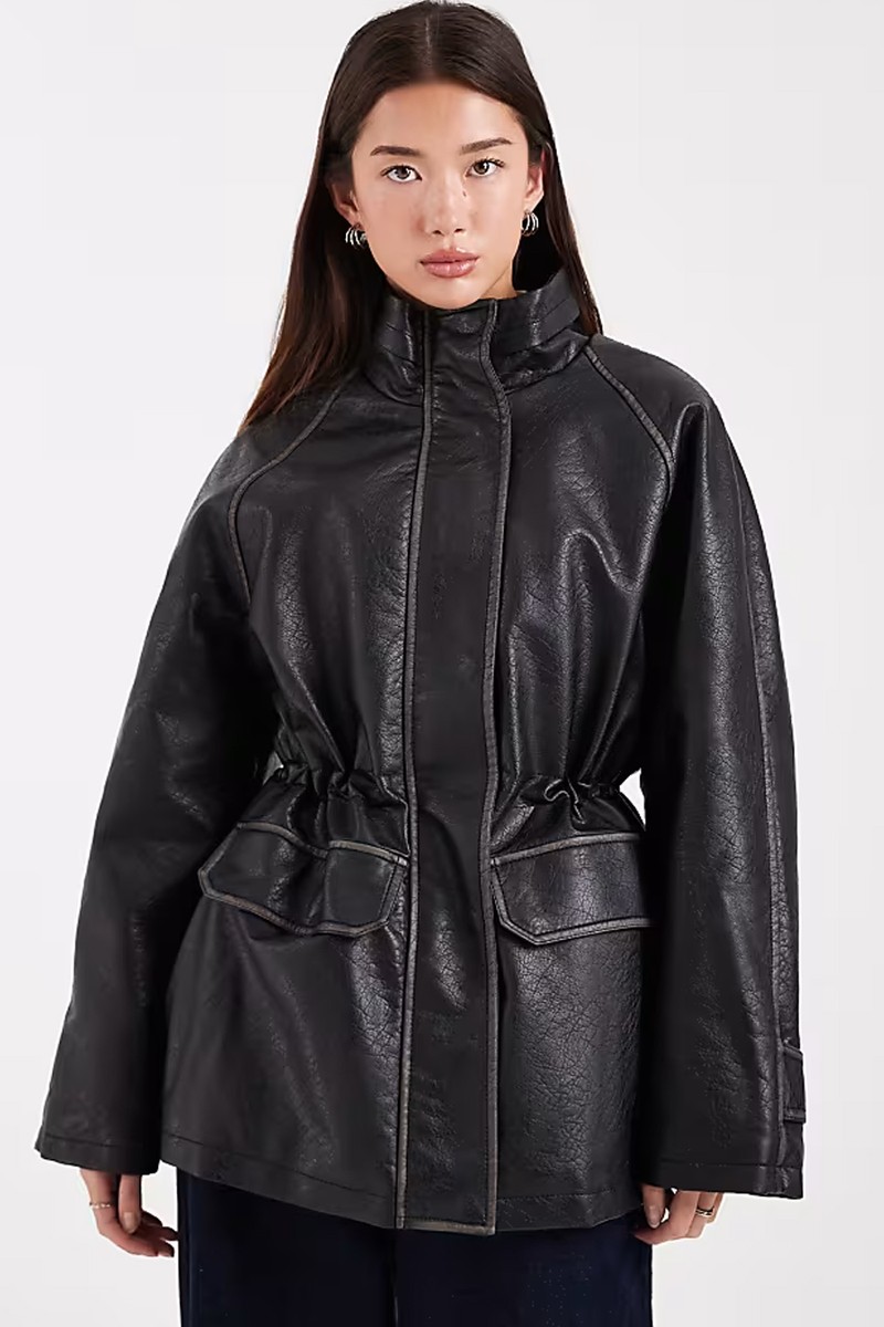 Funnel Neck Washed Leather Look Jacket  from ASOS DESIGN