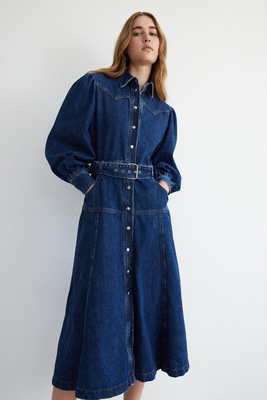 Denim Western Style Belted Midi Dress from Warehouse