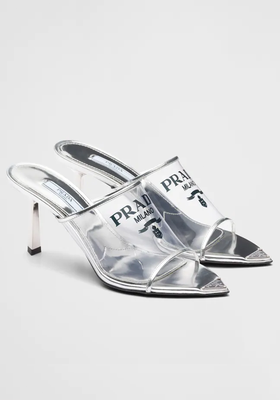 3. Logo-Print Plexiglas Heels from Prada