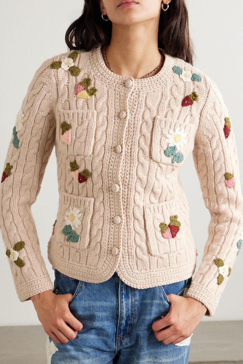 Callie Appliquéd Cable-Knit Wool Cardigan from SEA