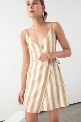 Striped Cotton Linen Mini Wrap Dress