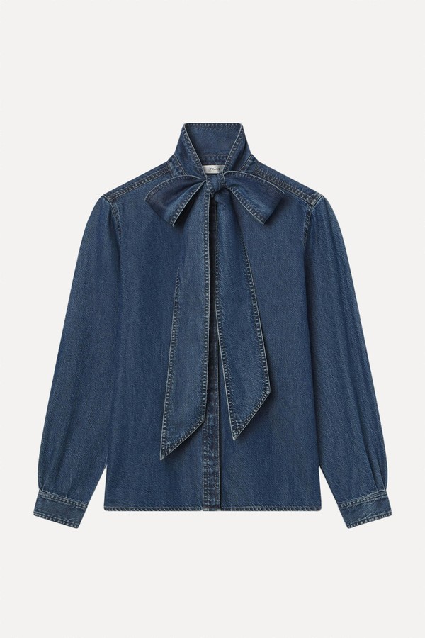 The Secretary Tie Neck Denim Top from FRAME