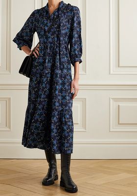 Olivia Tie-Detailed Tiered Printed Satin-Twill Midi Dress from Cefinn 
