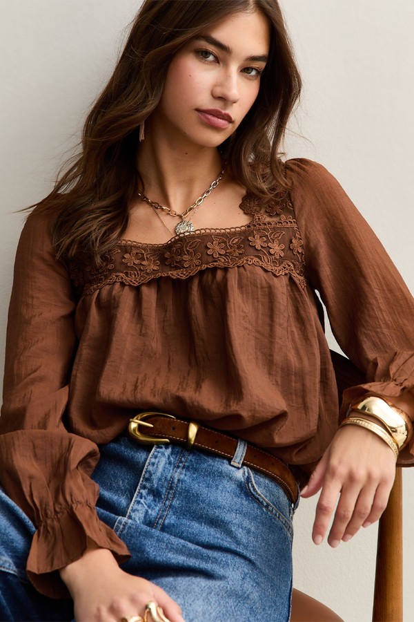 Lace Trimmed Long Sleeve Bubble Hem Blouse