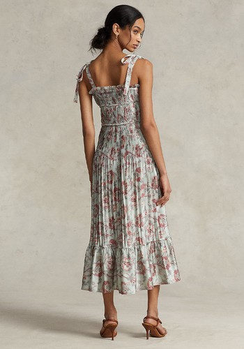 Pleated Floral Satin Maxi Dress