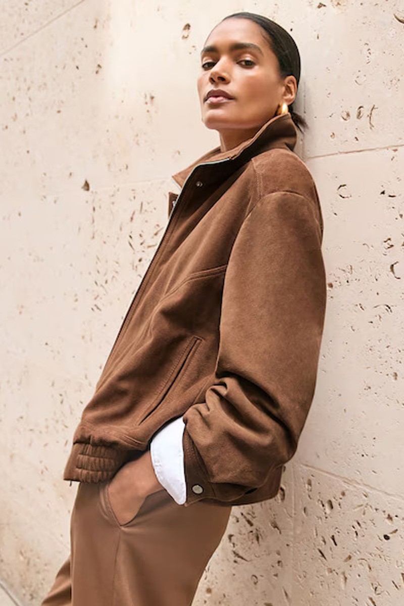 Kiara Suede Suede Funnel-Neck Bomber Jacket