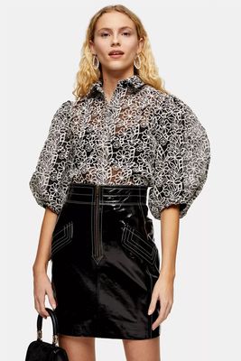 Black & White Embroidered Organza Blouse