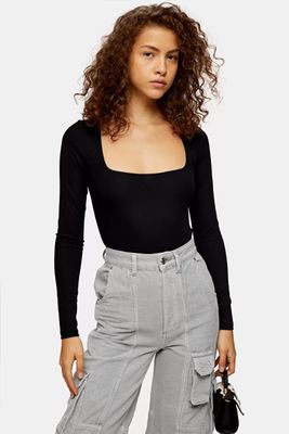 Black Square Neck Long Sleeve Bodysuit from Topshop
