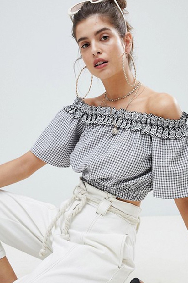 Off The Shoulder Gingham Crop Top from Reclaimed Vintage