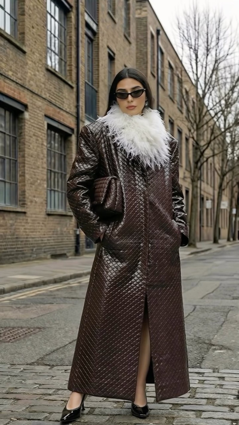 London Fashion Week ‘Fit

Look 1 
Coat: @ducielondon 
Dress, Boots & Tights: @hm 
Sunglasses: @jimmyfairly 
Earrings: @heavenmayhem_ 

Look 2 
Coat, Sandals & Bag: Alaïa 

Look 3 
Coat, Bag & Boots: Balmain
Sunglasses: Saint Laurent 
Earrings: Jennifer Behr 

Look 4 (Burgundy leather) 
Coat, Shoes & Sunglasses: Bottega Veneta

This image was generated using AI tools.