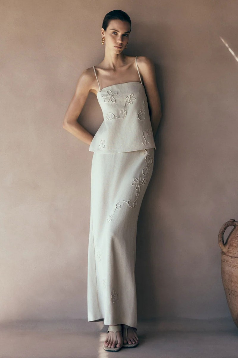 Casey Linen Embroidered Maxi Skirt from Meshki