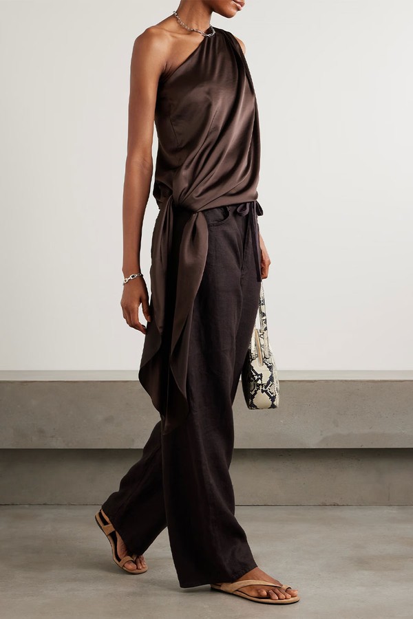 Ayla One-Shoulder Knotted Satin Top from Abadia