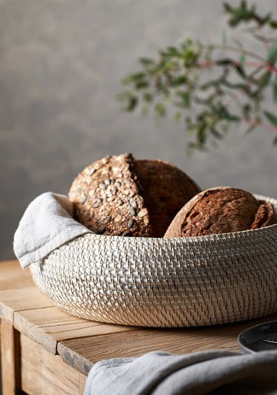 Round Whitewashed Rattan Bowl