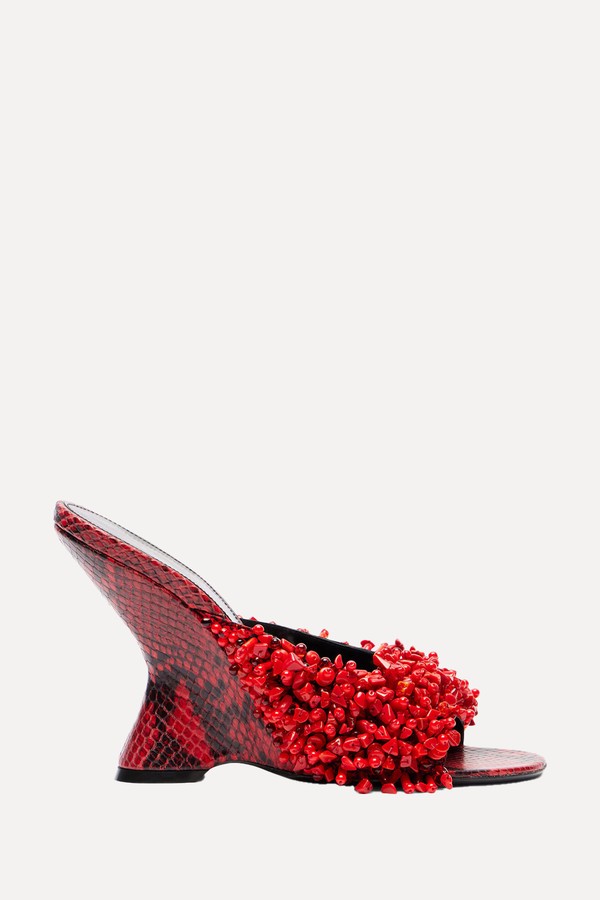 Beaded Snake-Print Leather Wedge Mules from Dries Van Noten