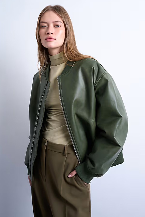 Faux Leather Vintage Wash Oversized Collarless Bomber Jacket 