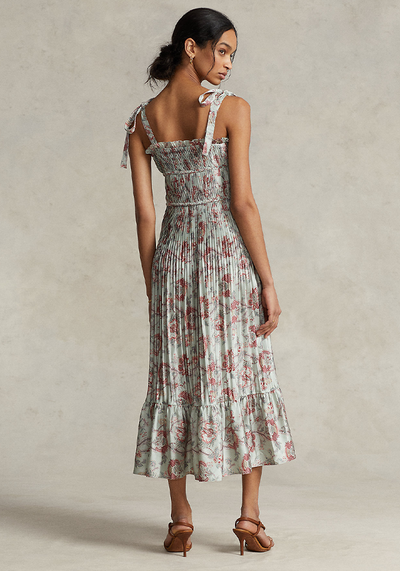 Pleated Floral Satin Maxi Dress