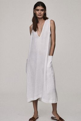 White Linen V Neck Dress from Asceno