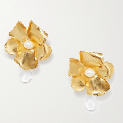 Oversized Gold-Tone, Crystal & Faux Pear Clip Earrings from Oscar De La Renta