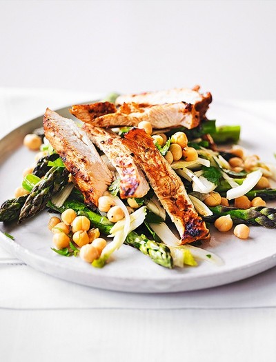 Seared Harissa Chicken Salad With Fennel, Asparagus & Chickpeas