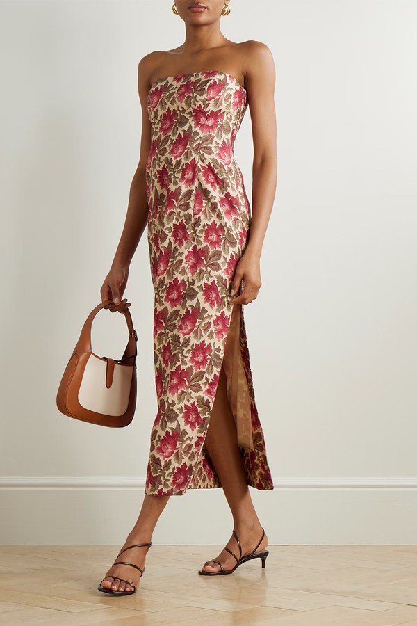 Rosalie Strapless Pintucked Floral-Print Linen Midi Dress from Posse