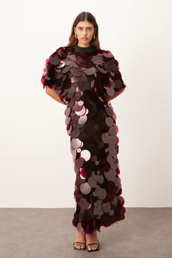 High Neck Disc Sequin Fringe Hem Maxi Dress from ARRANGE