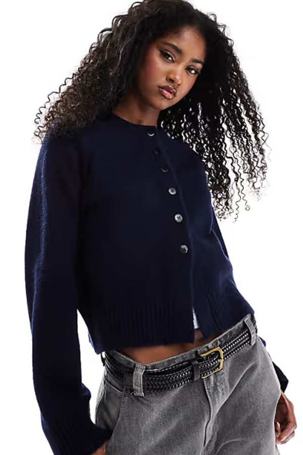 Knitted Crew Neck Cardigan With Contrast Buttons & Split Hem from ASOS DESIGN