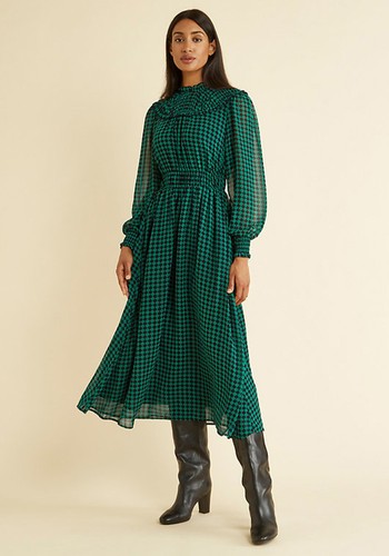 Checked Round Neck Midi Waisted Dress