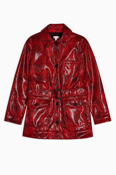 Red Snake Print Belted Vinyl Coat from Topshop