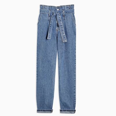 Mid Blue Paperbag Mom Tapered Jeans