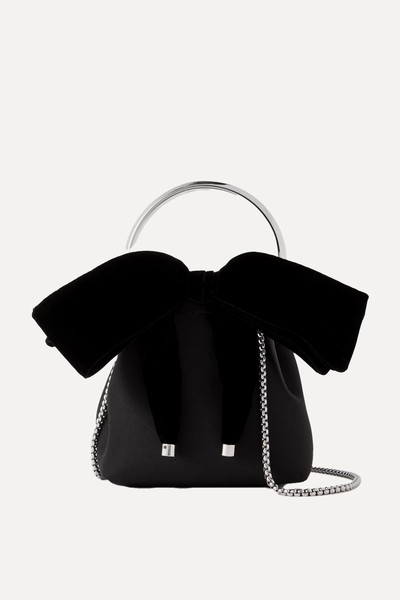 Bon Bon Bow-Embellished Velvet-Trimmed Satin Bucket Bag from JIMMY CHOO