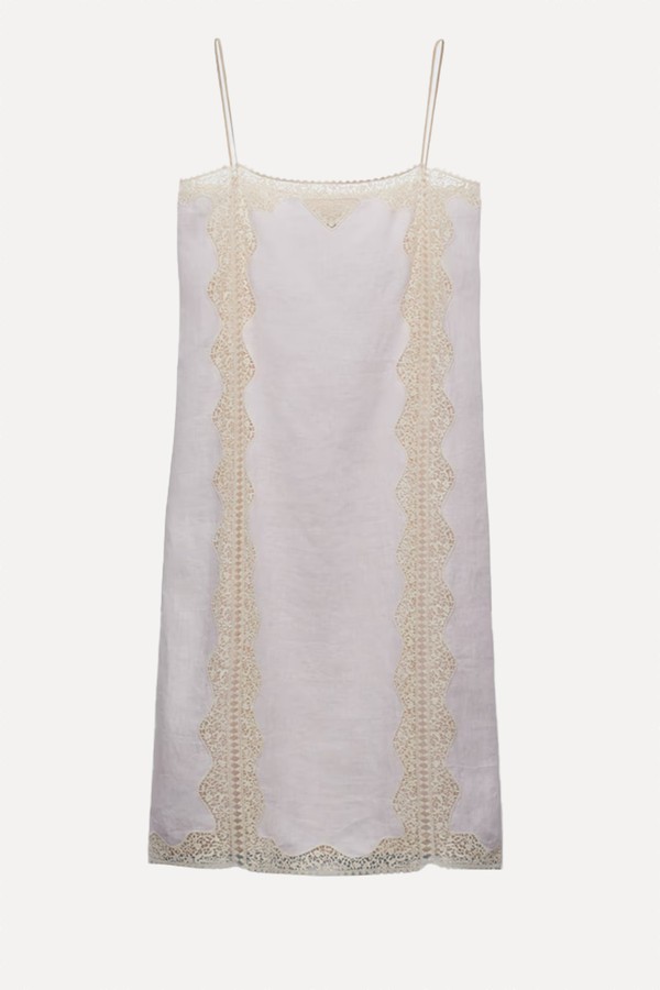 Embroidered Lace-Trimmed Linen Dress from Prada
