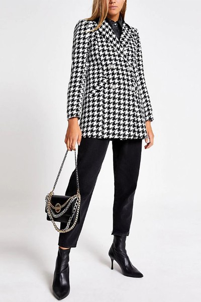 Black Dogtooth Print Double Breasted Jacket