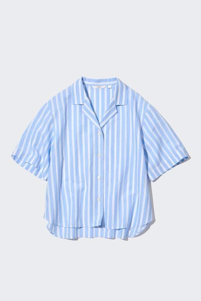 Linen Blend Striped Open Collar Shirt Sleeve Shirt