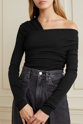 The Fonteyn Off-The-Shoulder Ruched Ribbed Stretch-Jersey Thong Bodysuit, £192 (was £320) | Goldsign