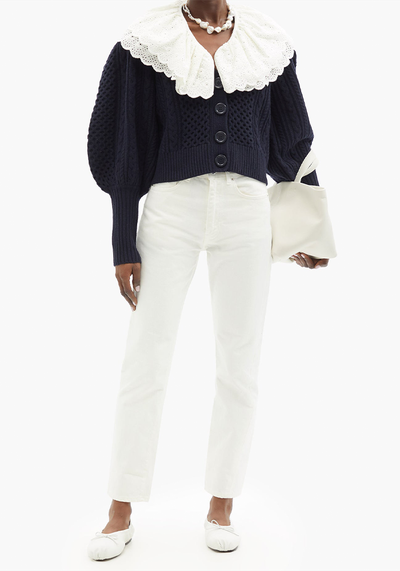 Melanie Removable-Collar Puff-Sleeve Wool Cardigan