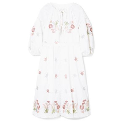 Smocked Embroidered Linen Dress