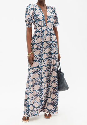 Surya Puff-Sleeve Printed Silk Maxi Dress from Hannah Artwear