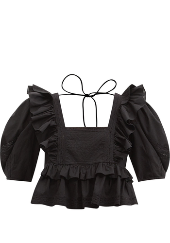 Black Charlotte Ruffled Cotton-Poplin Cropped Top from Rhode