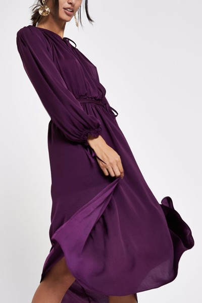 Tie Neck Shirred Midi Dress