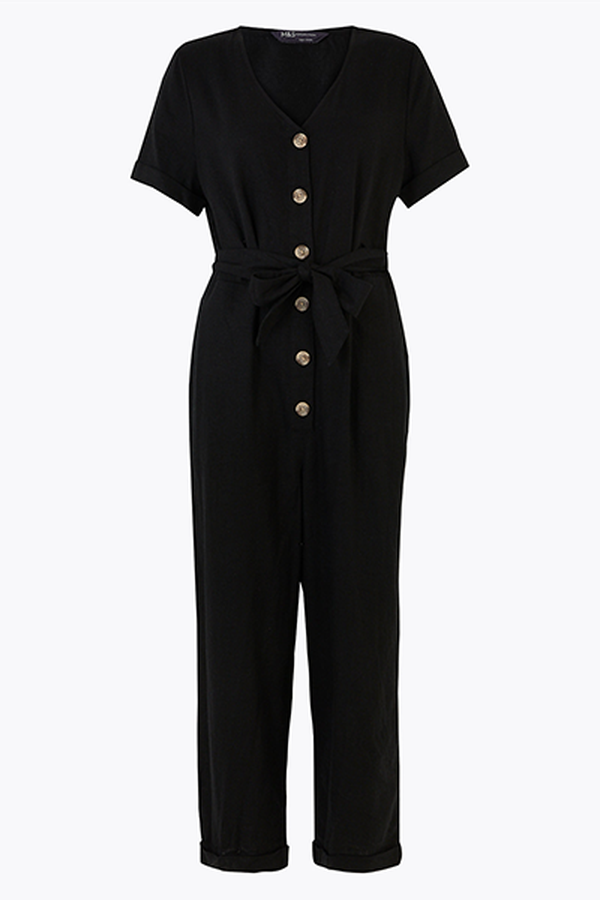 Linen Belted Short Sleeve Jumpsuit