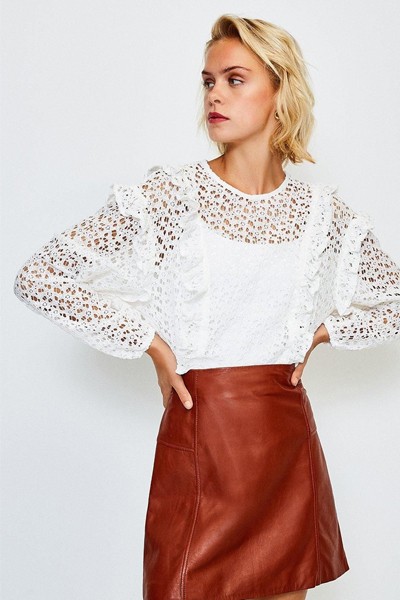 Cutwork Long Sleeve Frill Peplum Top