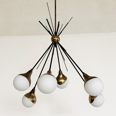 Italian Chandelier With Brass & Milk Glass from Stillnova