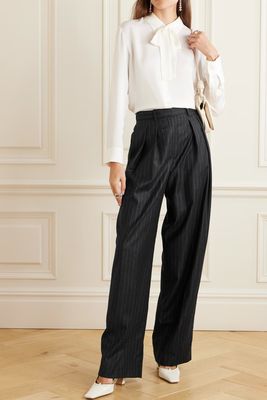 Pleated Pinstriped Wool-Twill Wide-Leg Pants from Theory