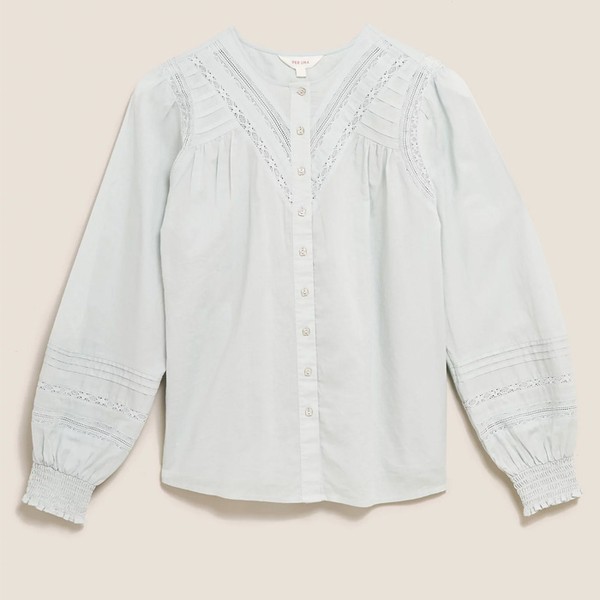 Pure Cotton Lace Insert Long Sleeve Blouse