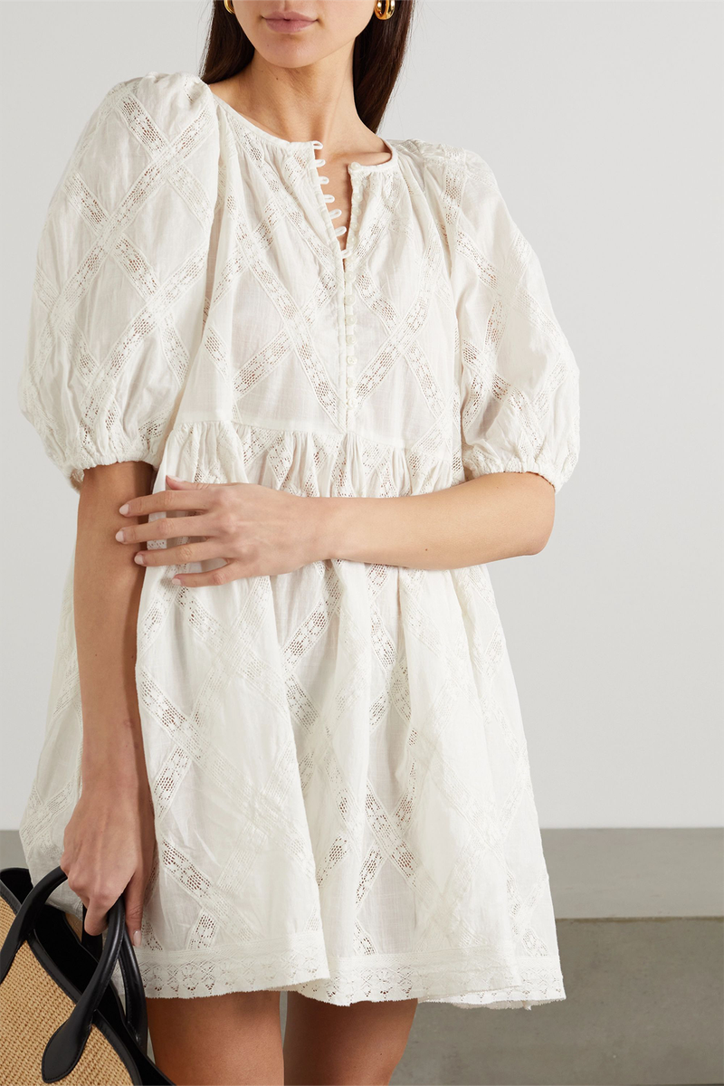 The Pathway Crochet-Trimmed Cotton-Voile Mini Dress from The Great.