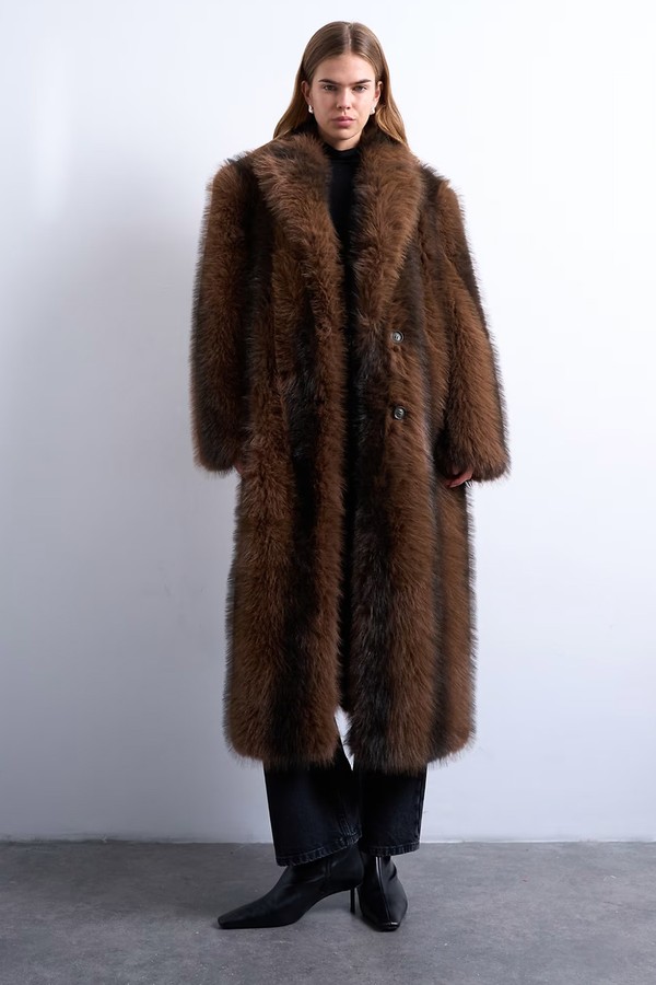 Faux Fur Longline Stripe Coat from Topshop